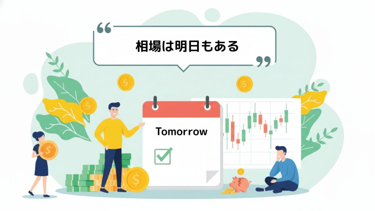 相場の格言「相場は明日もある」とカレンダーを示す男性のイラスト
