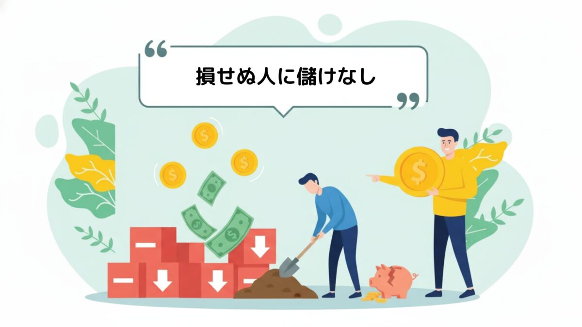 相場の格言「損せぬ人に儲けなし」とリスクとリターンを表すイラスト