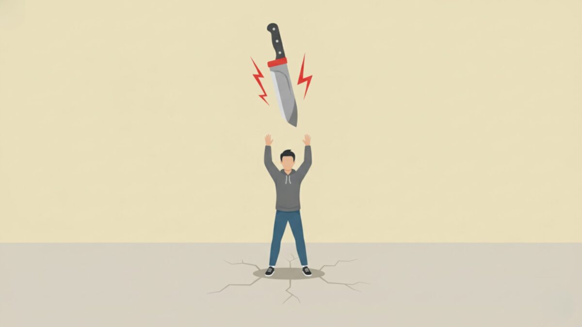 急落相場で逆張りをしてはいけないという「落ちてくるナイフ」の格言を表現した、落下物を素手で掴もうとするトレーダーのイラスト