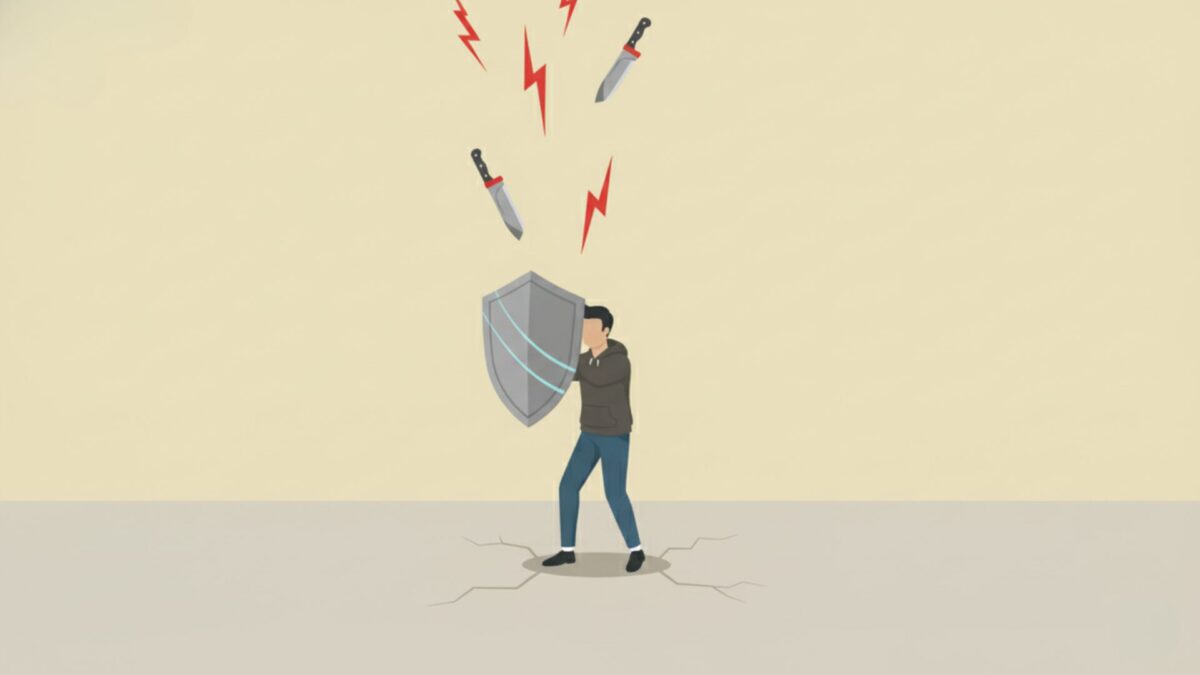 損切りと資金管理という「盾」を構え、相場の脅威から自分の資産を守っているトレーダーのイラスト