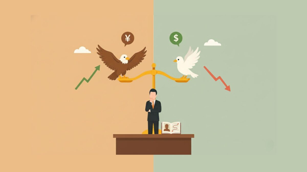 FXの歴史を動かしたタカ派とハト派の有名エピソードを象徴するイラスト。中央に配置された天秤の周りに、歴史上の金融政策決定者たちと、スタンスを示す鷹（タカ）と鳩（ハト）が描かれている。