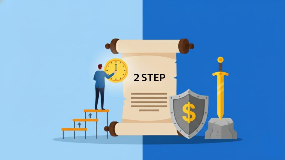 格言を武器に変える2つのステップを示すイラスト:トレーダーが時計(待つ技術)を持ち、巻物(2ステップ)を見ながら、規律(盾と剣)を学ぶ