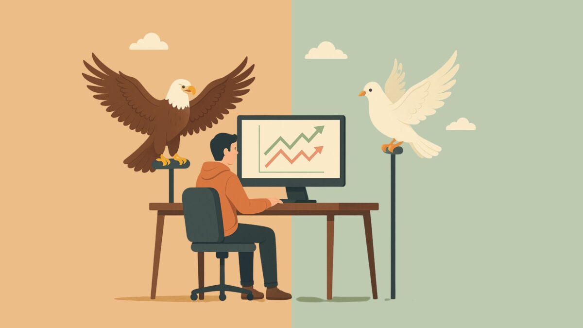タカ派とハト派の情報を考慮しながらPCでチャート分析をするトレーダーのイラスト