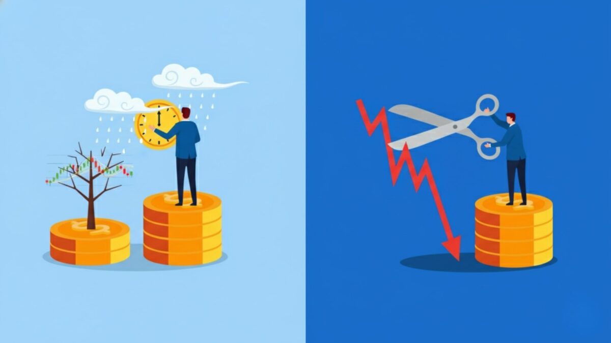 FXの「休む技術」と「切る技術」を対比したアイキャッチ画像。左側(休む技術)ではトレーダーが時計を持ち、雨が降るローソク足の木を見て待ち、右側(切る技術)ではトレーダーがハサミで下落する赤い矢印(損失)を断ち切っている。