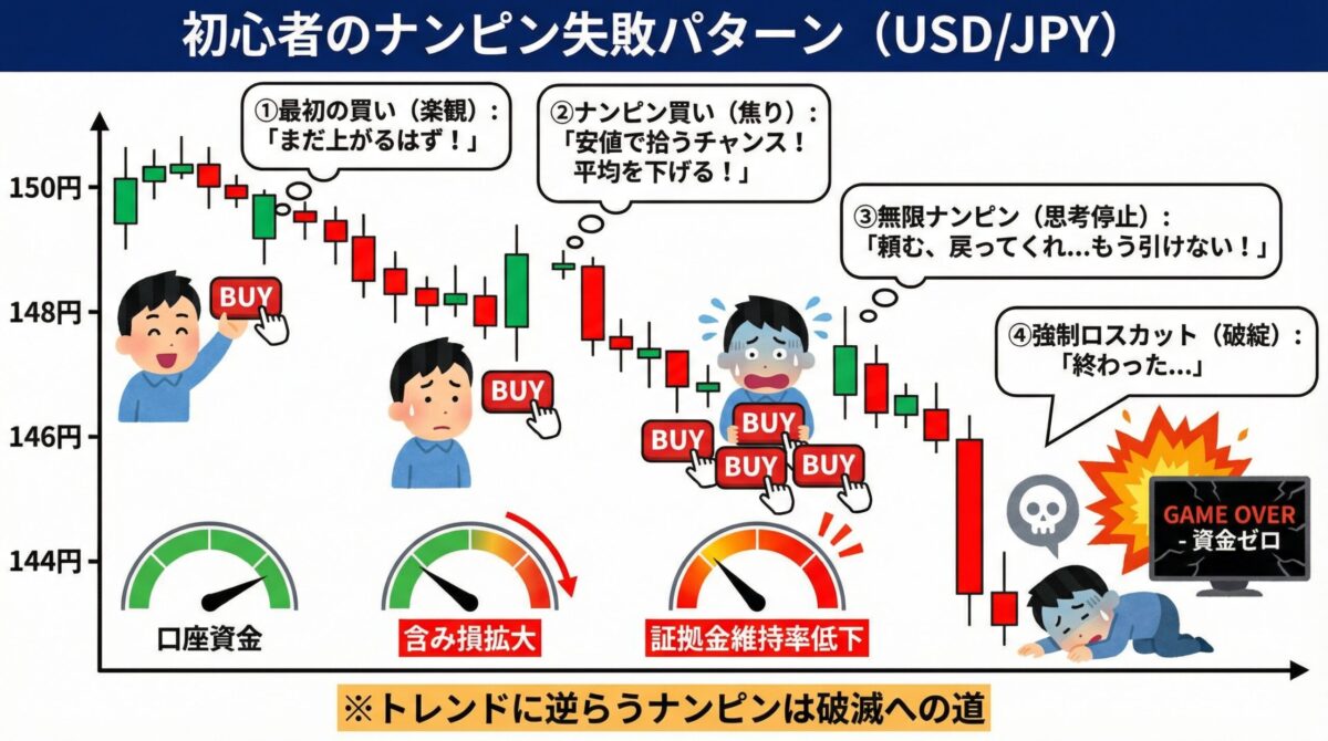 初心者のナンピン失敗パターン（USD/JPY）の図。ドル円が150円から下落するチャートで、楽観的な初回エントリーから焦りのナンピン、無限ナンピンを経て、証拠金維持率が低下し強制ロスカットで資金ゼロになる流れをイラスト付きで説明している。
