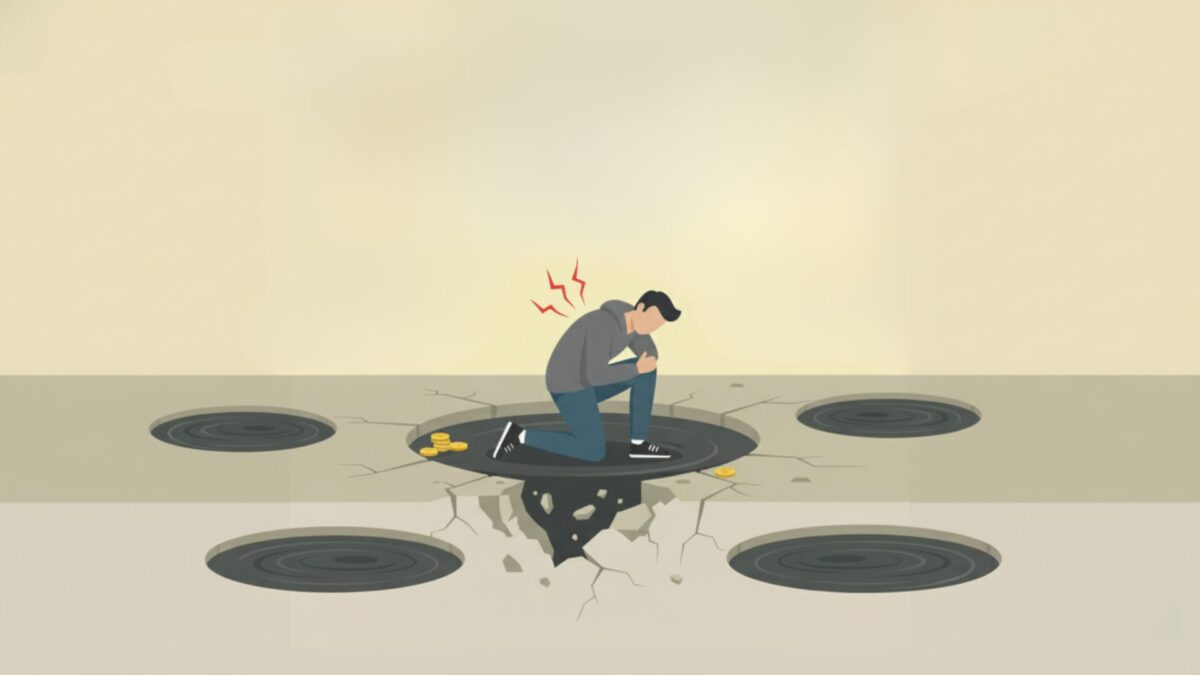 「下手なナンピン怪我のもと」の格言通り、小さな亀裂が広がり損失が拡大していく様子を描いたイラスト