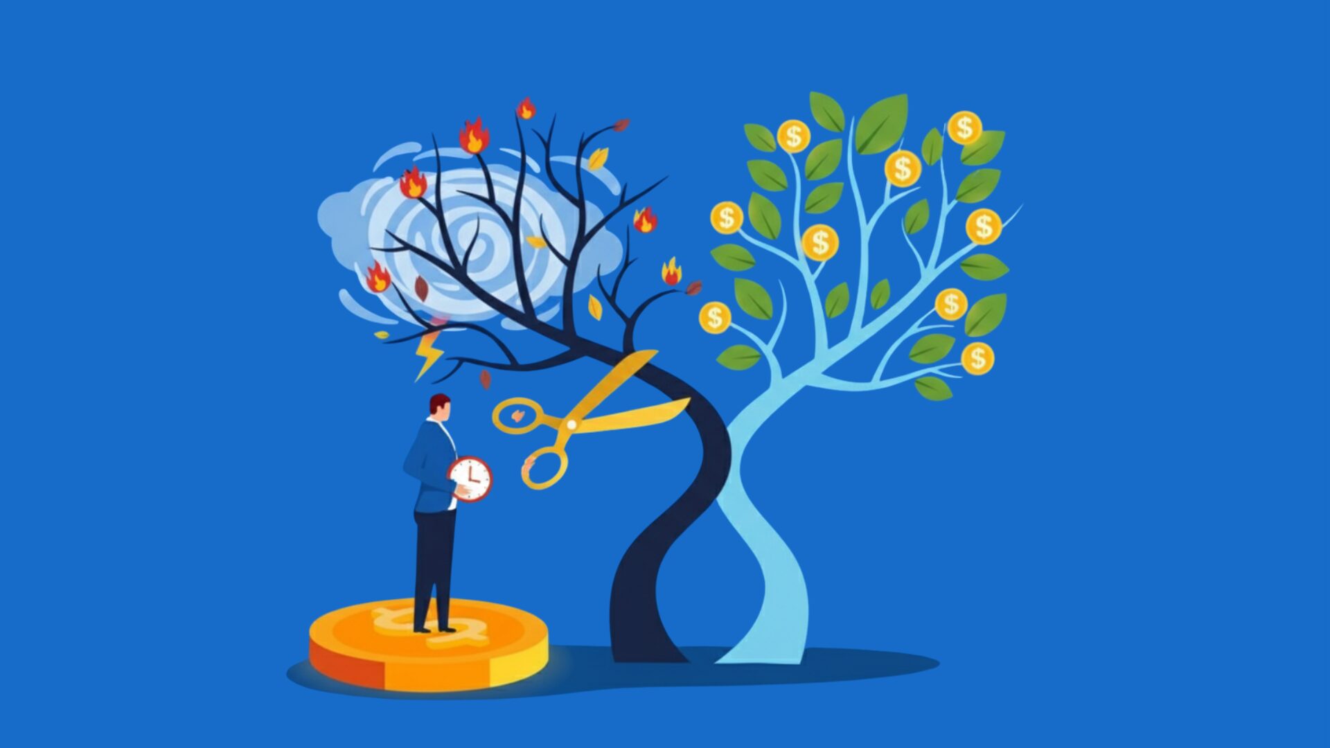 FXの「休む技術（時計）」と「切る技術（ハサミ）」で、損失（燃える木）と利益（お金のなる木）を管理するトレーダー