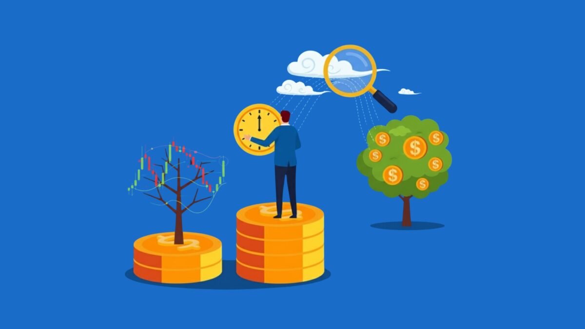 「休むも相場」の「待つ技術」を示すイラスト:時計を持ったトレーダーが、ローソク足チャートの木と利益の木を分析しながらタイミングを待つ。