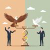 FXのタカ派とハト派を象徴する鷹（タカ）と鳩（ハト）が乗った天秤と、それを見比べる2人のビジネスマン