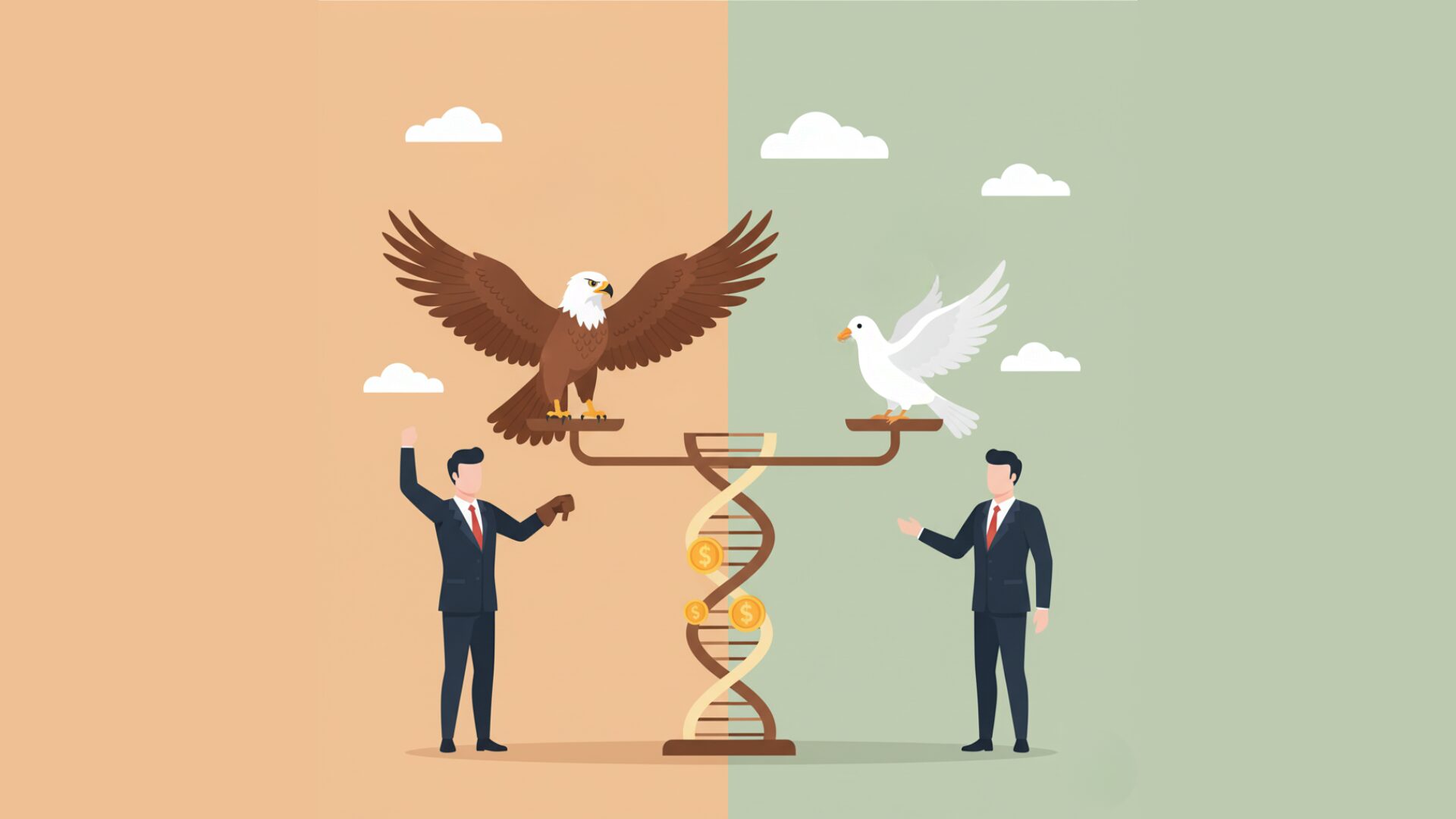 FXのタカ派とハト派を象徴する鷹（タカ）と鳩（ハト）が乗った天秤と、それを見比べる2人のビジネスマン