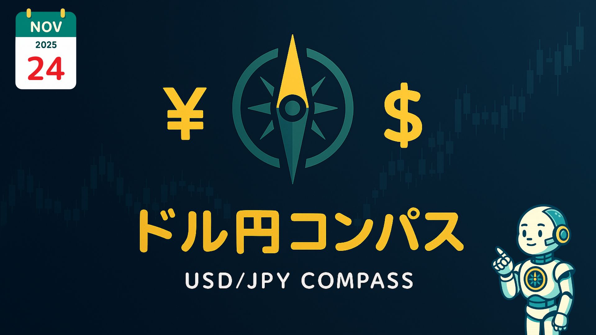 濃紺の背景に『ドル円コンパス／USD/JPY COMPASS』、円とドル記号、コンパスのシンボル、ローソク足。右下に指を立てたロボット。左上に2025年11月24日のカレンダー。