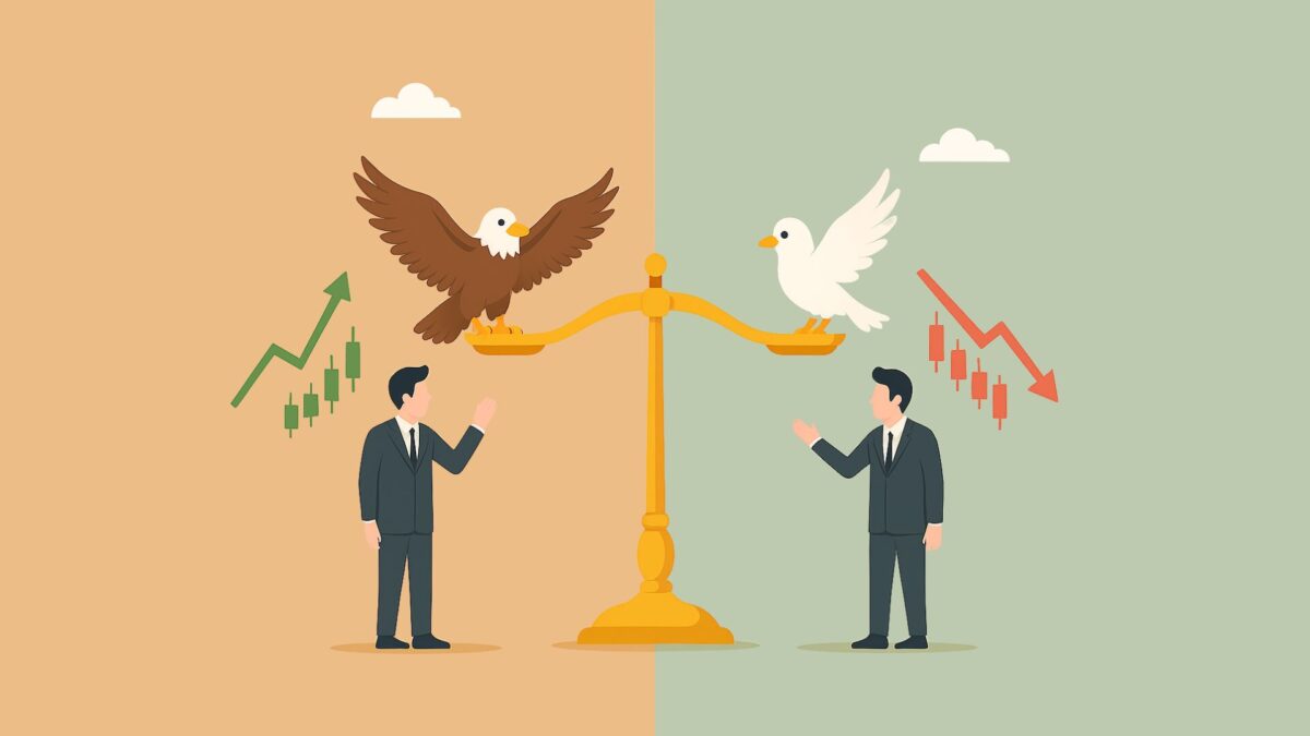 FXのタカ派とハト派の比較を象徴するイラスト。中央の金色の天秤に、タカ派を示す鷹（タカ）とハト派を示す鳩（ハト）が乗っている。タカ側には上昇チャート、ハト側には下降チャートが描かれ、2人のビジネスマンがそれぞれを分析している。