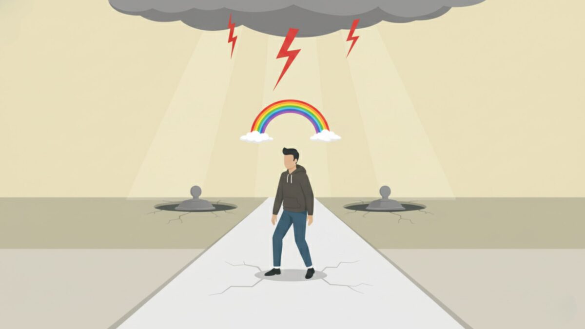 暗雲と雷鳴の中、ナンピンの罠である穴や亀裂を避け、虹のかかる安全な道に立つ私服のトレーダーのイラスト