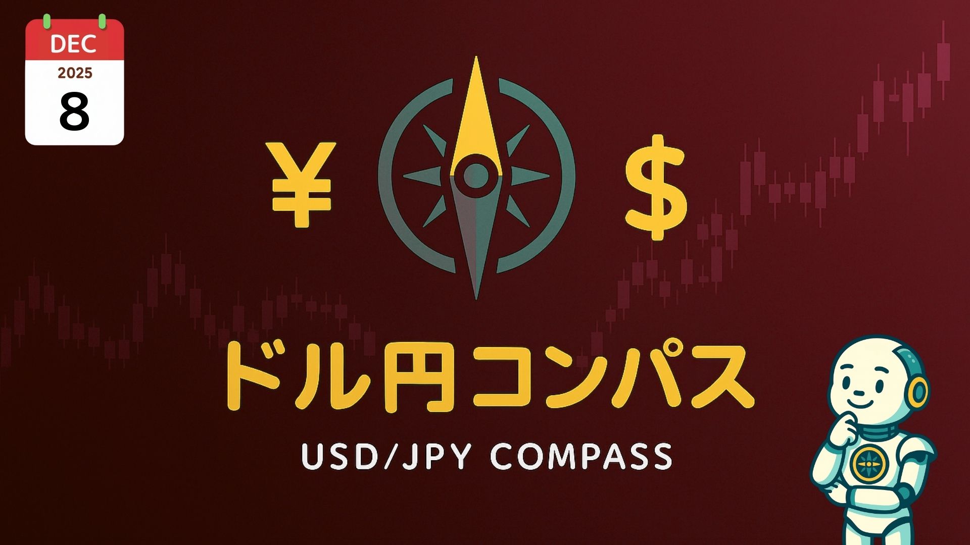 『ドル円コンパス／USD/JPY COMPASS』、円とドル記号、コンパスのシンボル、ローソク足。右下に指を立てたロボット。左上に2025年12月8日のカレンダー