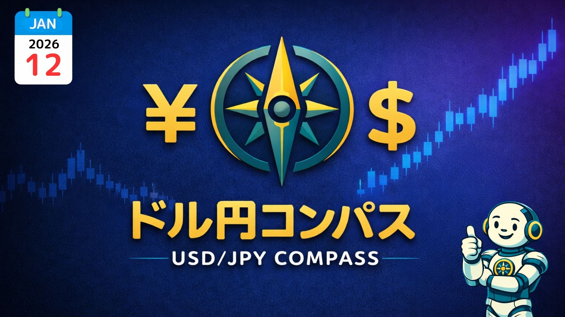 『ドル円コンパス／USD/JPY COMPASS』、円とドル記号、コンパスのシンボル、ローソク足。右下に指を立てたロボット。左上に2026年1月12日のカレンダー