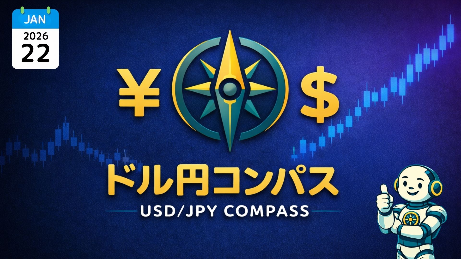 『ドル円コンパス／USD/JPY COMPASS』、円とドル記号、コンパスのシンボル、ローソク足。右下に指を立てたロボット。左上に2026年1月22日のカレンダー