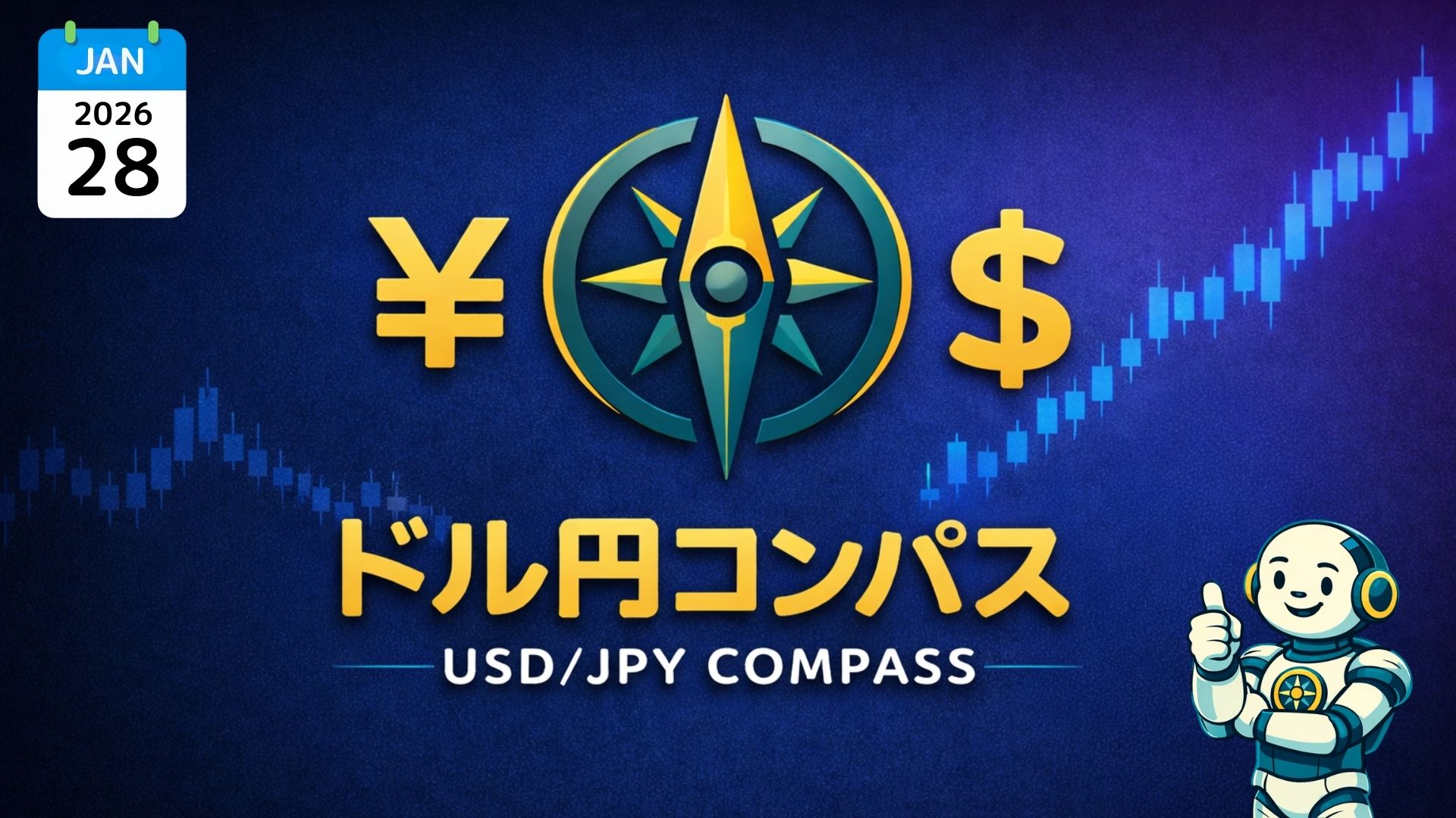 『ドル円コンパス／USD/JPY COMPASS』、円とドル記号、コンパスのシンボル、ローソク足。右下に指を立てたロボット。左上に2026年1月28日のカレンダー