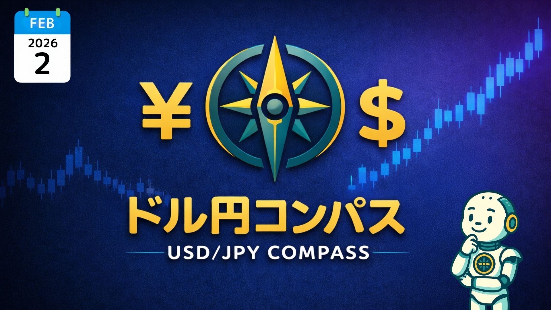 『ドル円コンパス／USD/JPY COMPASS』、円とドル記号、コンパスのシンボル、ローソク足。右下に指を立てたロボット。左上に2026年2月2日のカレンダー