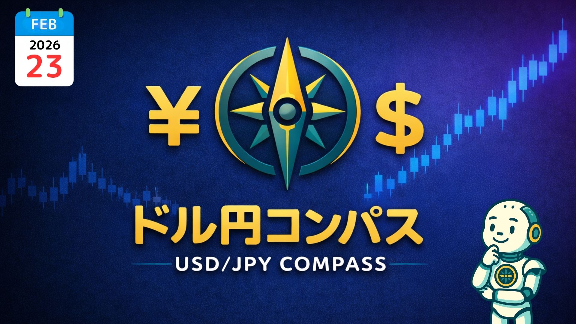 『ドル円コンパス／USD/JPY COMPASS』、円とドル記号、コンパスのシンボル、ローソク足。右下に指を立てたロボット。左上に2026年2月23日のカレンダー