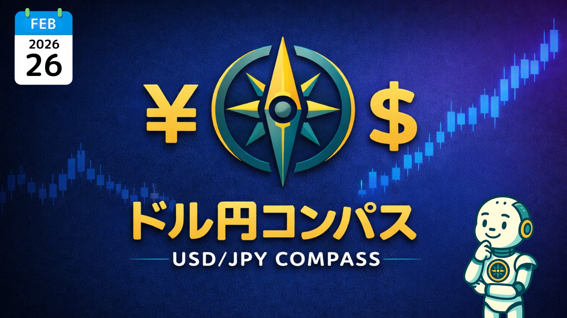 『ドル円コンパス／USD/JPY COMPASS』、円とドル記号、コンパスのシンボル、ローソク足。右下に指を立てたロボット。左上に2026年2月26日のカレンダー