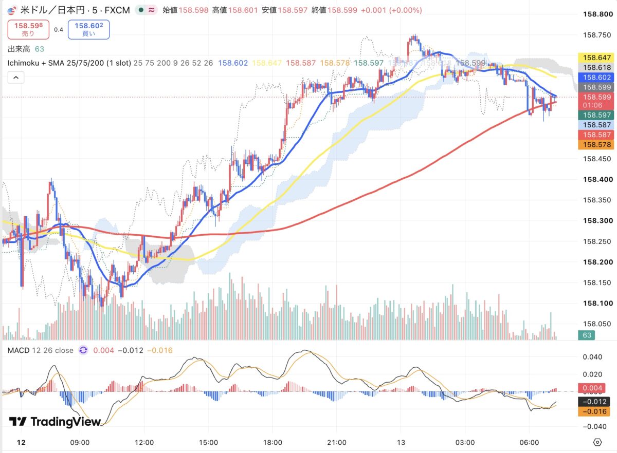 2026年10月12日から10月13日朝のドル円5分足チャート（TradingView）